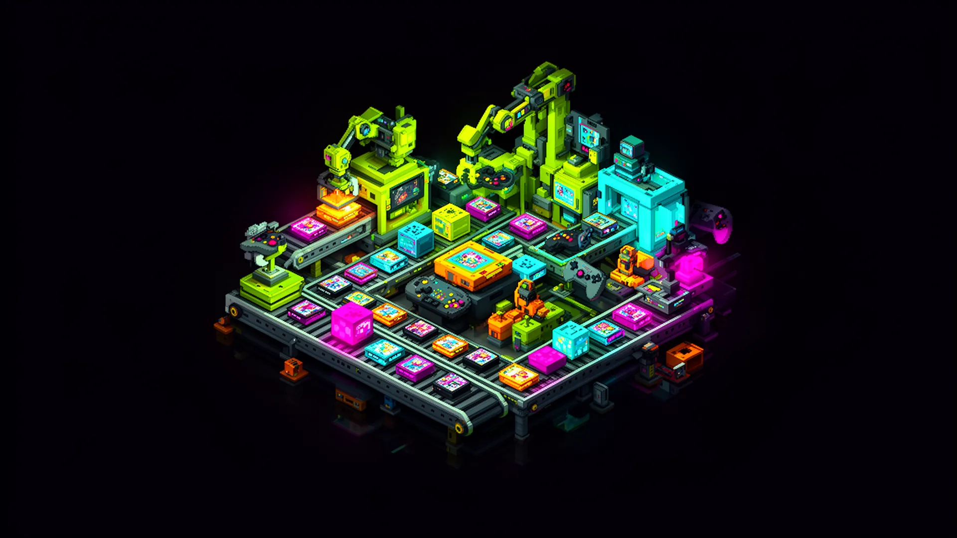 Ilustración isométrica en vóxeles de la fábrica de AE4Play: cintas transportadoras, máquinas recreativas y una taza de café gigante