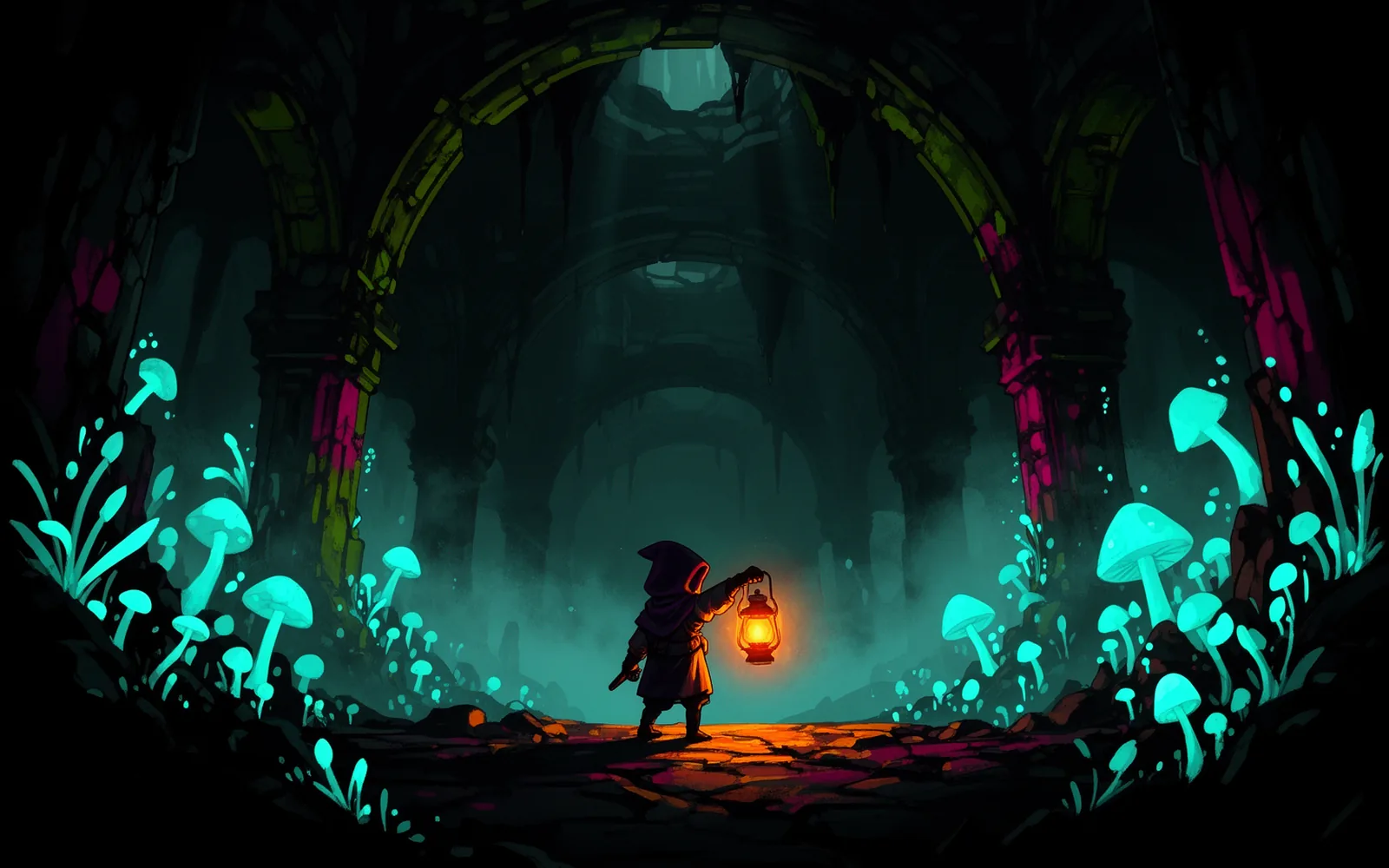 Portada de Hollow Lantern: una figura con un farol en un bosque sumergido y oscuro