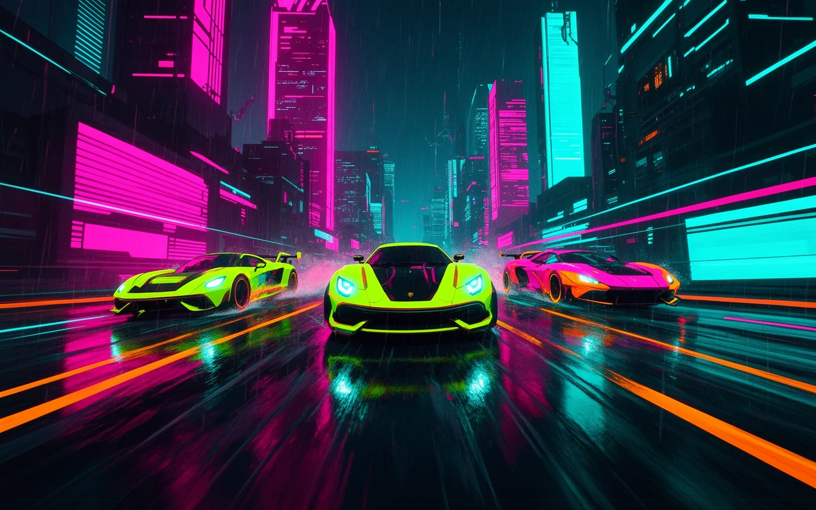 Portada de Neon Drifters: un coche derrapando por una ciudad de neón bajo la lluvia