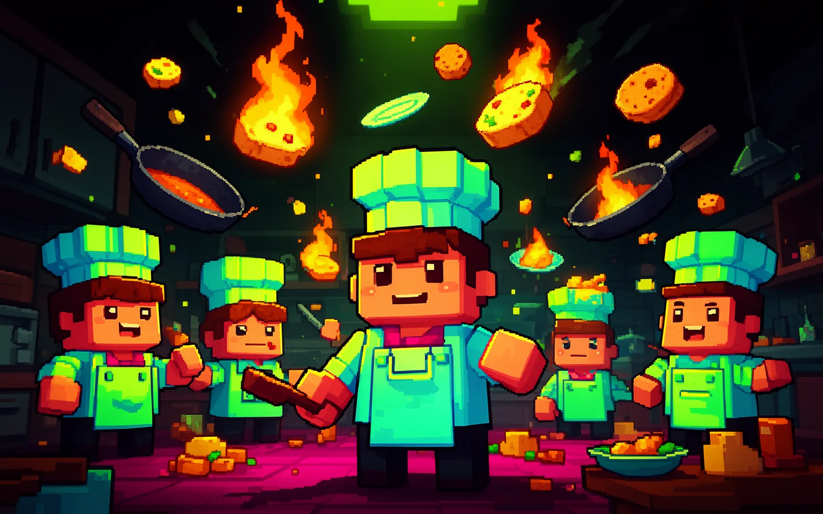 Portada de Pixel Kitchen Panic: cuatro cocineros pixelados en una cocina en llamas